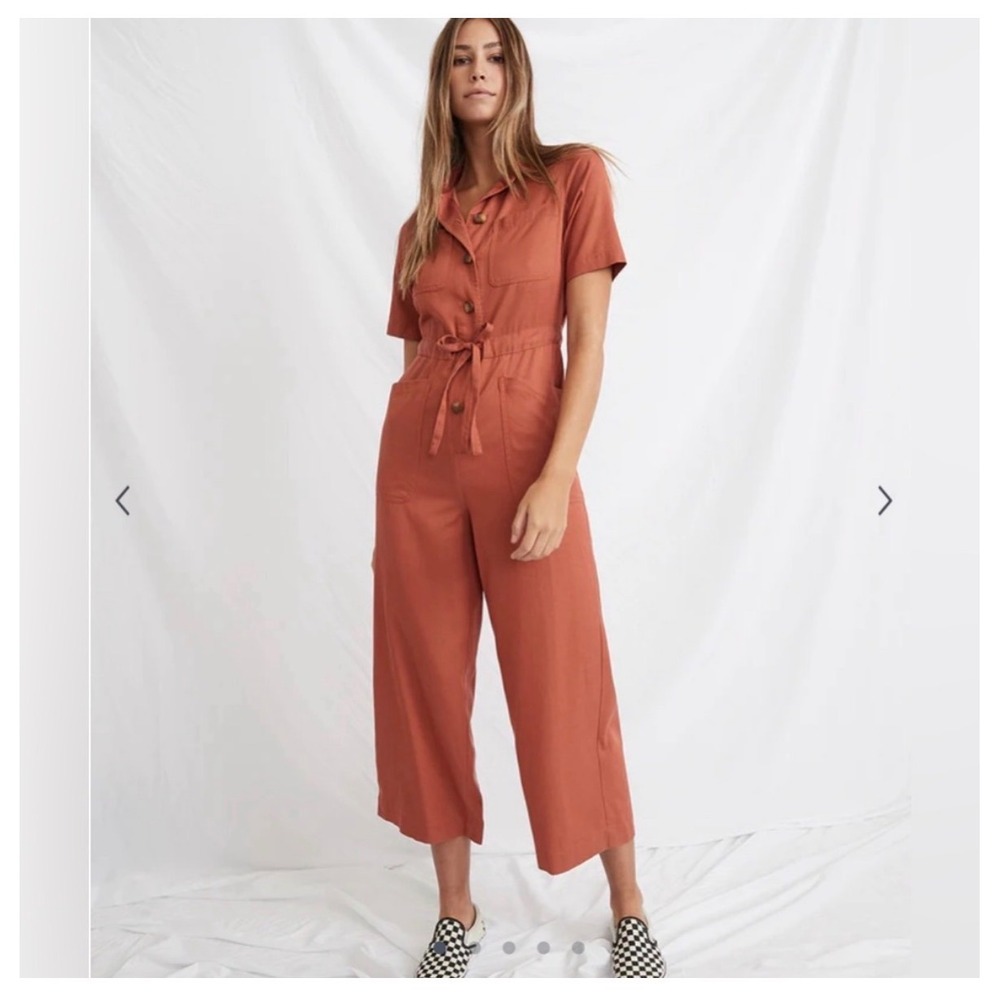 Marine Layer Tencel Cotton Utility Joni Jumpsuit Rust Orange Wide Leg Crop XS